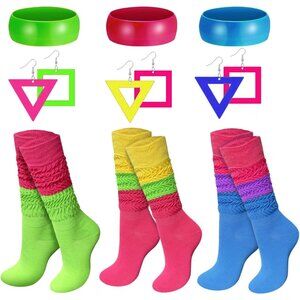 80s 90s Accessories Set for Women Neon Socks Bracelets Earrings Retro Style